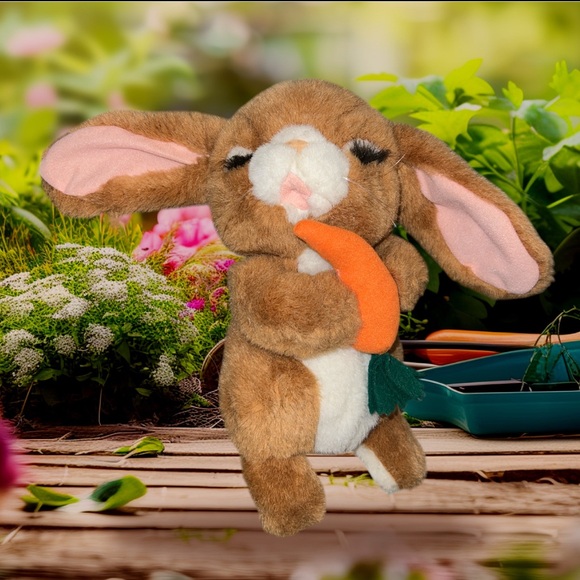 Vtg  Fine Toy Co Tan White Easter Bunny Rabbit Carrot Long Lashes Stuffed Plush - Picture 1 of 5